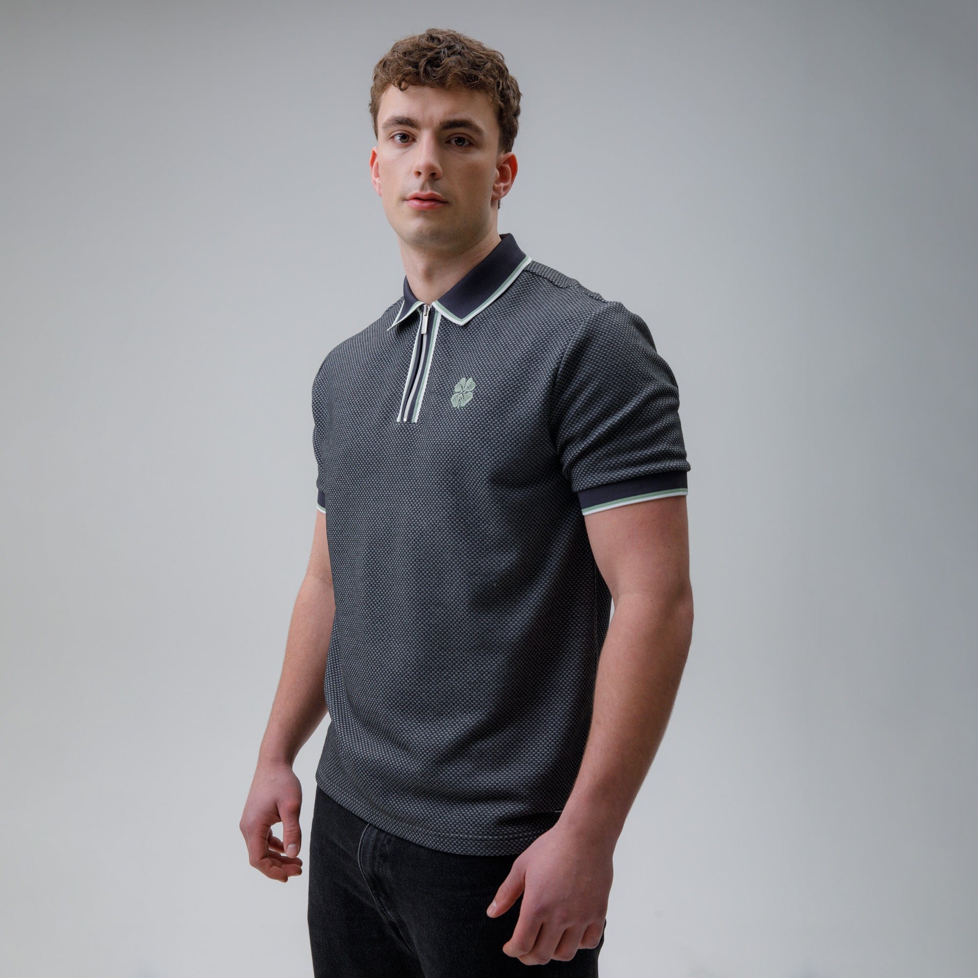 Celtic Waffle Black and Grey Zip Polo Shirt - Image 2